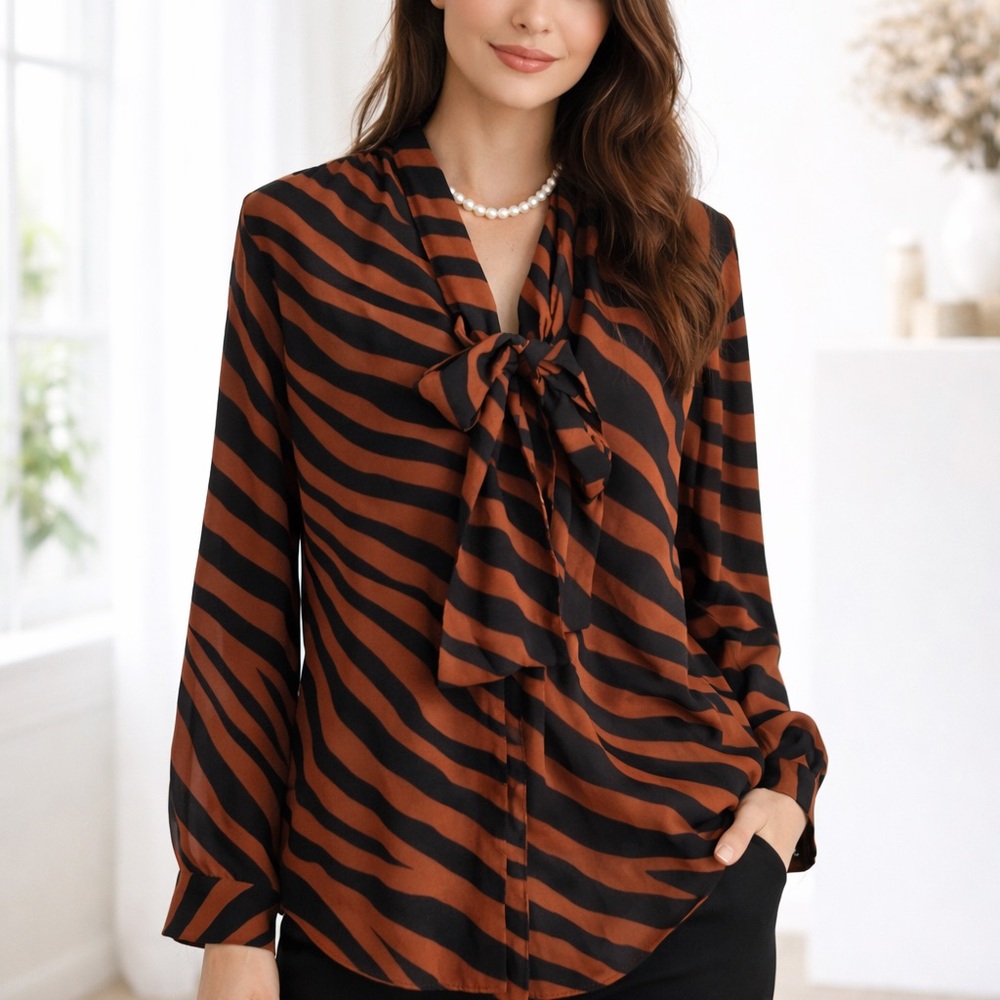 Worthington Zebra Print Blouse - Black and Brown